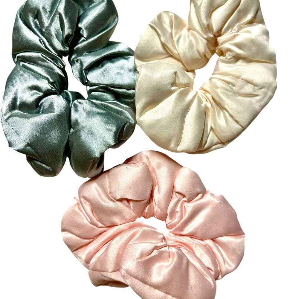 Luxurious Satin Hair Scrunchie Trio - Ivory, Blush, and Sage